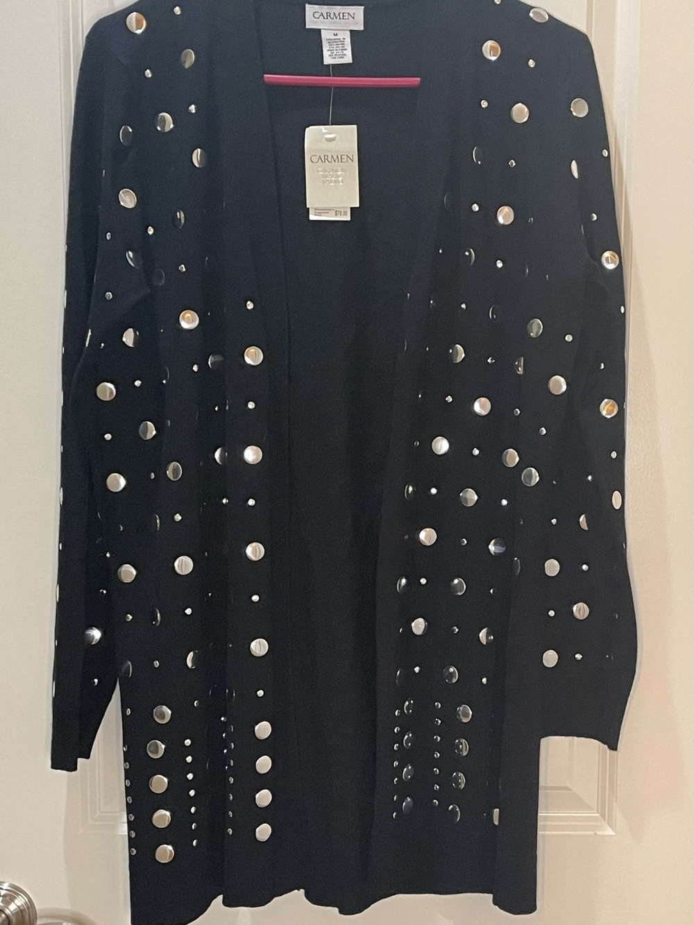 Carmen Marc Valvo Black Open-Front Cardigan with Silver Studs M